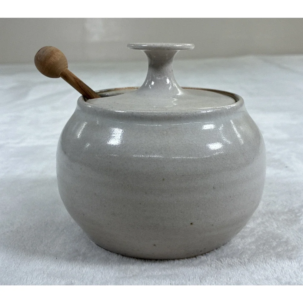 Handmade Studio Art Pottery Honey Jar Blue & White Fish Glaze with Lid & Dipper